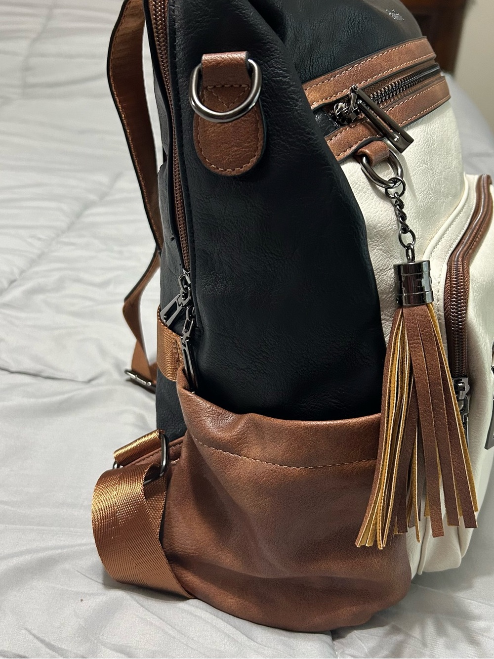 Shrrie Vegan Leather Backpack Neutral Cream Brown Travel Laptop Bag - Picture 10 of 14